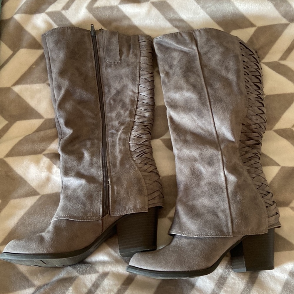 Grey knee high boots